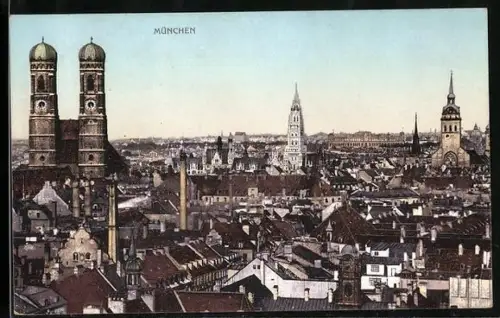 AK München, Stadtpanorama mit Frauenkirche und Rathaus