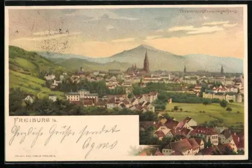 Lithographie Freiburg i. Br., Panorama mit Münster und Schlossberg