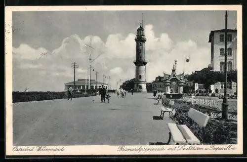 AK Warnemünde, Bismarckpromenade, Leuchtturm, Seepavillon