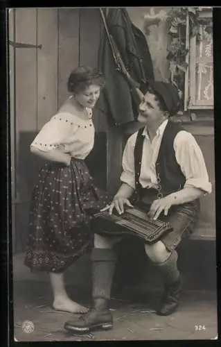 AK Paar in Trachten mit Zither