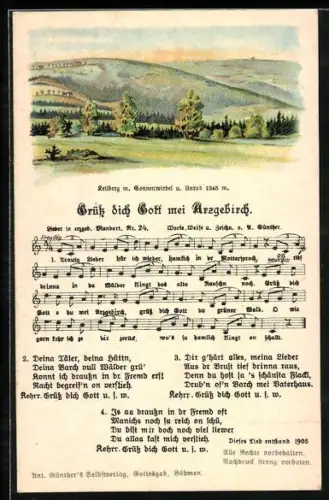 Lied-AK Anton Günther Nr. 24: Grüss dich Gott mei Arzgebirch, grüne Hügellandschaft
