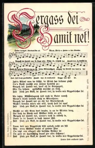Lied-AK Anton Günther Nr. 47: Vergass bei Hamit net!, Text und Noten