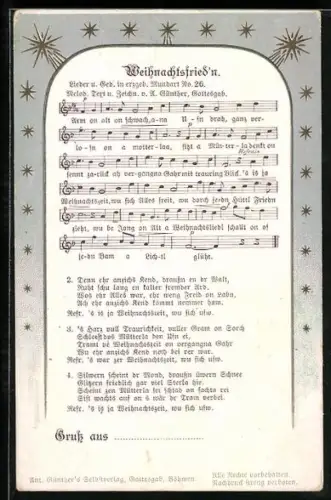 Lied-AK Anton Günther Nr. 26: Liedtext und Musiknoten Weihnachtsfried`n