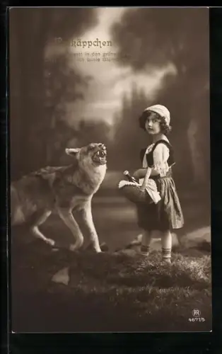 AK Rotkäppchen mit Korb begegnet dem bösen Wolf