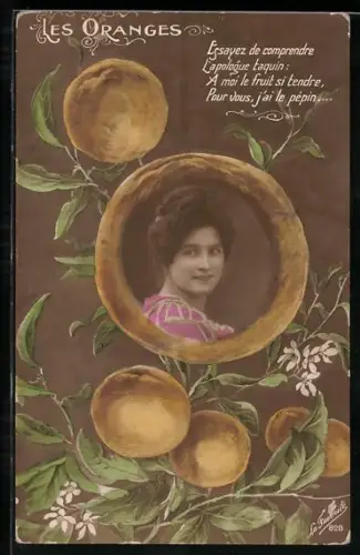 AK Junge Dame im Porträt im Orangen-Passepartout