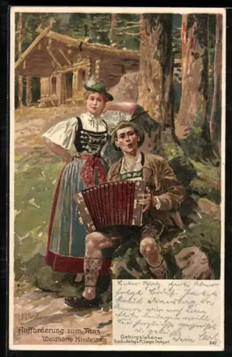 AK Paar in Trachten mit Akkordeon, Aufforderung zum Tanz, Waldhütte Hindelang