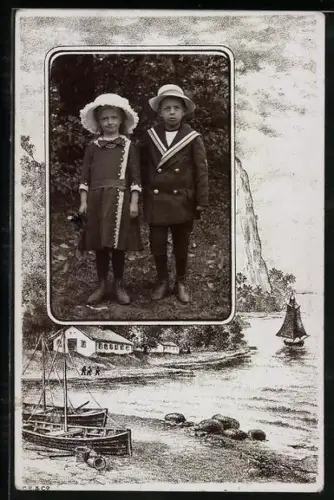 Foto-AK Zwei Kinder in einem Garten im See-Passepartout
