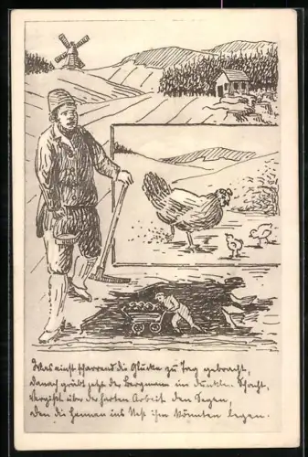 AK Bergarbeiter mit Spitzhacke und Lore nebst einem Huhn mit Küken