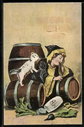 AK Münchner Kindl sitzt zwischen Bierfässern in Gesellschaft einer Katze