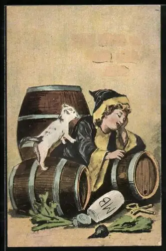 AK Münchner Kindl sitzt zwischen Bierfässern in Gesellschaft einer kleinen Katze