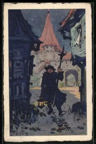 Künstler-AK Erich Kux: Nachtwächter mit Laterne
