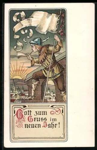 AK Neujahrsgruss, Nachtwächter bläst ins Horn im Licht der Morgensonne