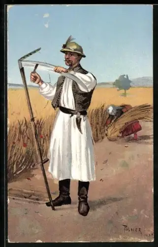 Künstler-AK Bauer schärft seine Sense