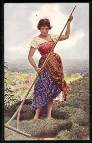 Künstler-AK Bäuerin steht auf einem Feld