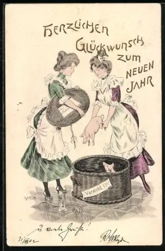 AK Dienstmädchen füllen einen Korb mit Glücksschweinchen