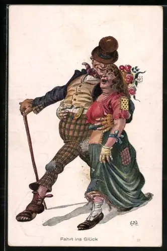 Künstler-AK Ein Landstreicherpaar sucht gemeinsam das Glück
