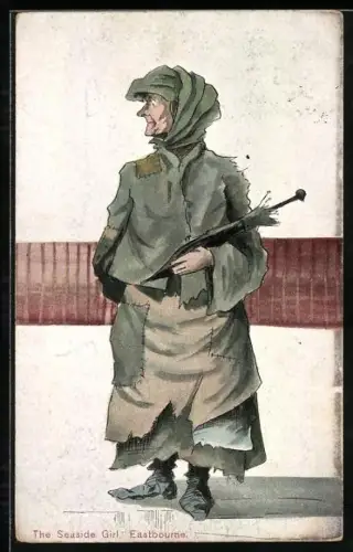 AK Landstreicherin mit geflickter Kleidung und einem Regenschirm