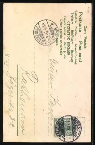 AK Ballerina balanciert auf dem Kopf eines Mannes, der eine Flasche Sekt öffnet