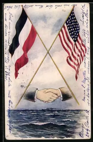 Künstler-AK Deutsch-amerikanischer Handschlag, Dampfschiff