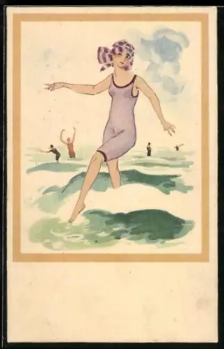 Künstler-AK Dame mit Badeanzug im Wasser