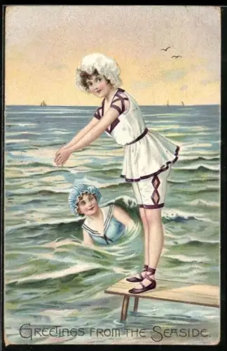 Künstler-AK Junge Frau beim Sprung ins Meer