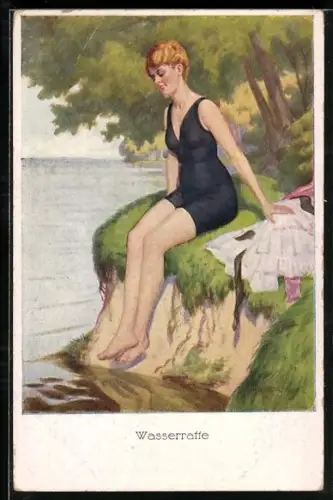 Künstler-AK Attraktive Dame im Badeanzug sitzt am Wasser