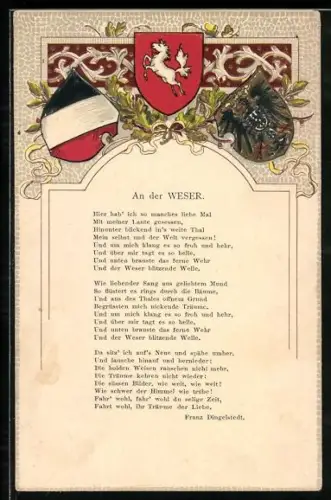Präge-AK Gedicht An der Weser mit geprägten Wappen