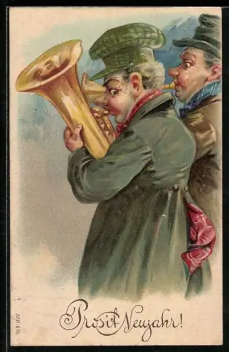 AK Zwei Männer mit Blasinstrumenten, Glückwunsch zum Namenstag