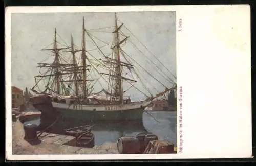 Künstler-AK Gravosa, Mittagsruhe im Hafen, Segelschiffe