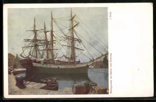 Künstler-AK Gravosa, Mittagsruhe im Hafen, Segelschiffe