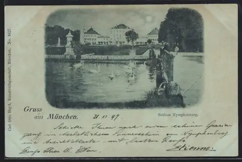 Mondschein-AK München, Schloss Nymphenburg