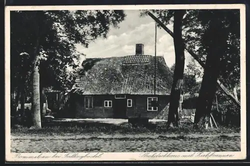 AK Bommelsen bei Fallingbostel, Strohdachhaus mit Ziehbrunnen
