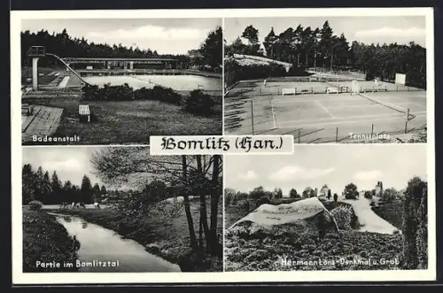 AK Bomlitz /Han., Badeanstalt, Tennisplatz, Hermann Löns-Denkmal und Grab