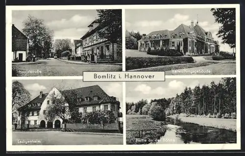 AK Bomlitz, auf der Hauptstrasse, Verwaltungsgebäude, Partie am Böhmeufer, Ledigenheim