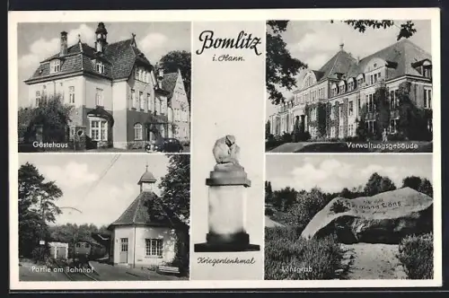 AK Bomlitz in Hann., Kriegerdenkmal, Verwaltungsgebäude und Bahnhof