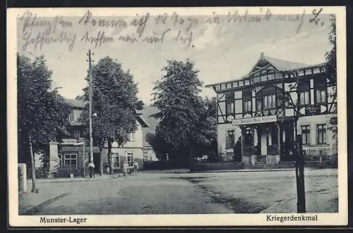 AK Munster-Lager, Kriegerdenkmal, Hotel-Restaurant Deutsches Haus