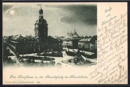 AK Mannheim, Kaufhaus und Paradeplatz im Mondschein