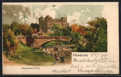 Künstler-AK Hamburg-St.Pauli, Partie an der Helgoländer Allee