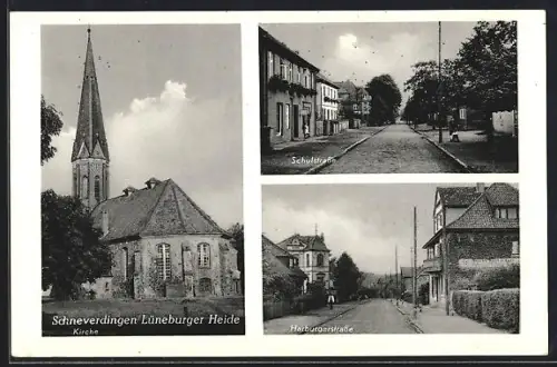 AK Schneverdingen / Lüneburger Heide, Harburgerstrasse, Schulstrasse, Kirche