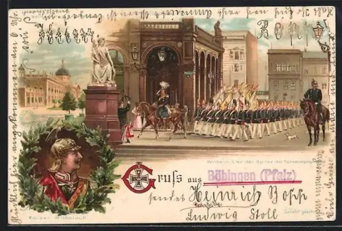 Lithographie Potsdam, Kaiser Wilhelm II. an der Spitze der Fahnenkompanie, Neues Palais, Hallesches Tor
