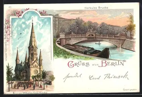 Lithographie Berlin-Tiergarten, Kaiser Wilhelm Ged. Kirche, an der Herkules Brücke