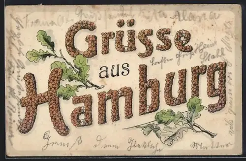 Künstler-AK Hamburg, Schriftzug Grüsse aus Hamburg aus Blumen, Eichenzweige