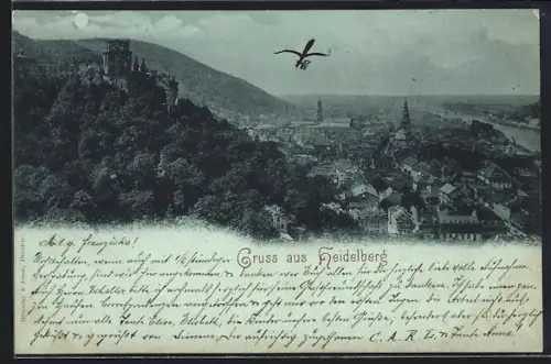 Mondschein-AK Heidelberg, Teilansicht mit Burg