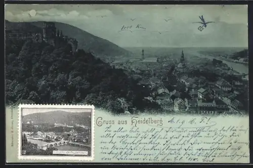 Mondschein-AK Heidelberg, Teilansicht mit Burg