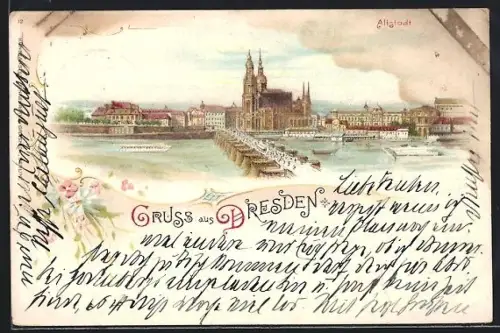 Lithographie Dresden, Schloss und Altstadt