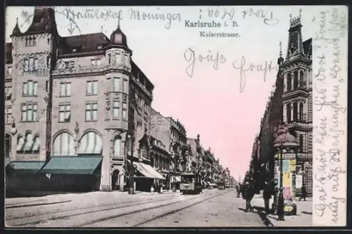 AK Karlsruhe i. B., Kaiserstrasse mit Strassenbahn