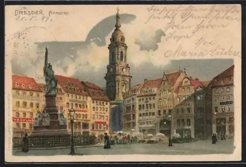 Lithographie Dresden, Altmarkt mit Marktständen