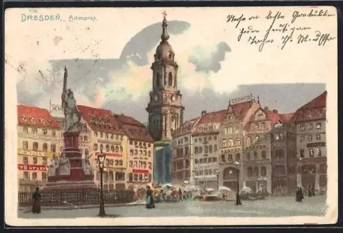 Lithographie Dresden, Altmarkt mit Marktständen