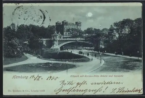 Mondschein-AK Hamburg-St.Pauli, Elbpark mit Kersten-Miles-Brücke und Seewarte