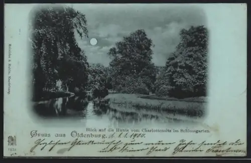 Mondschein-AK Oldenburg / O., Blick auf die Hunte vom Charlottensitz im Schlossgarten